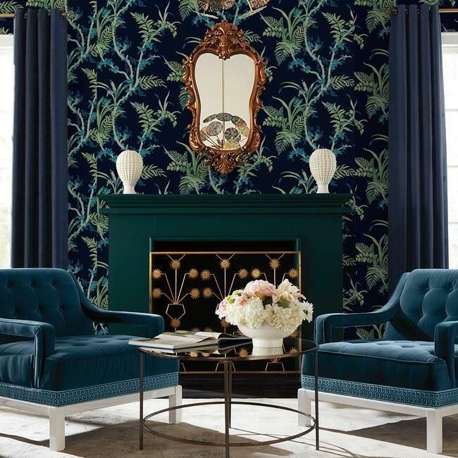 media image for Enchanted Fern Wallpaper in Navy and Green from the Grandmillennial Collection by York Wallcoverings 227