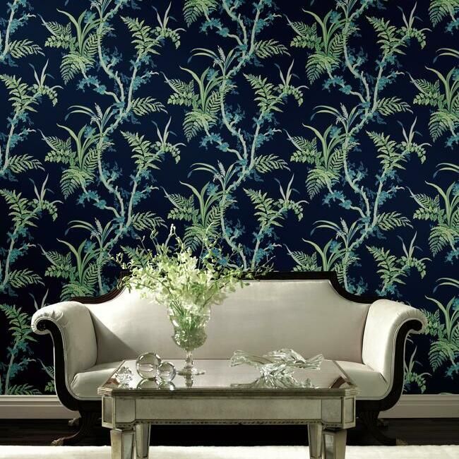 media image for Enchanted Fern Wallpaper in Navy and Green from the Grandmillennial Collection by York Wallcoverings 217