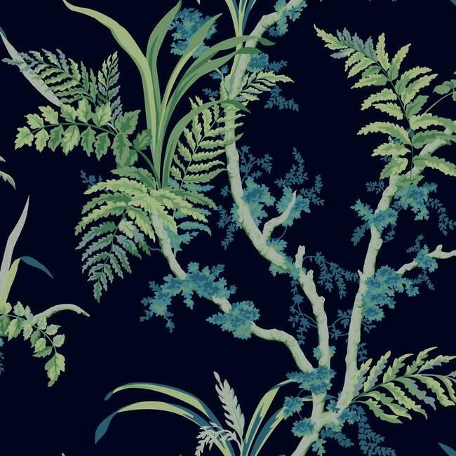 media image for Enchanted Fern Wallpaper in Navy and Green from the Grandmillennial Collection by York Wallcoverings 287