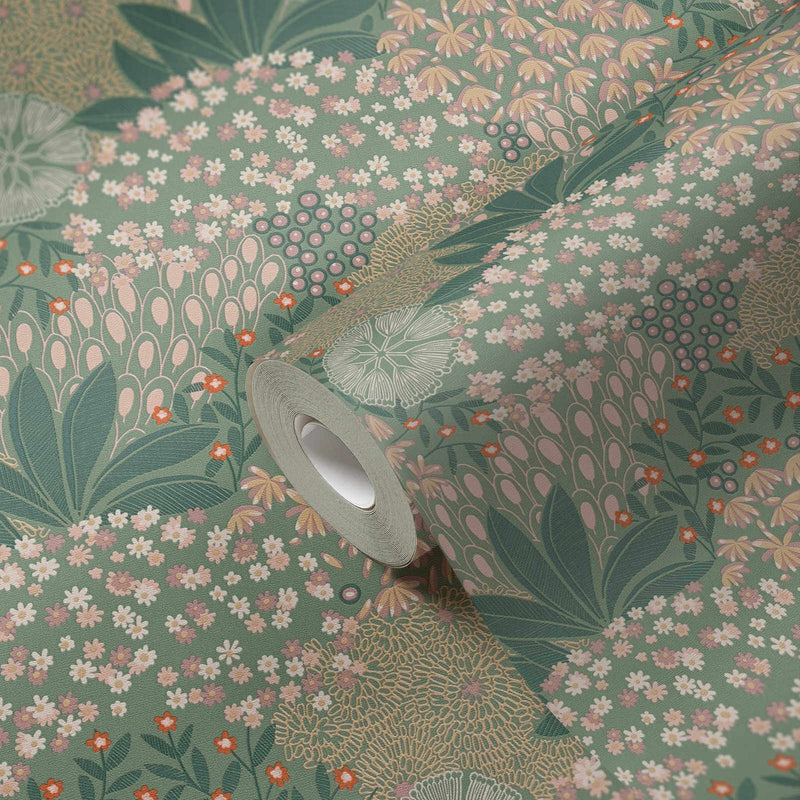 media image for Forest Bloom Motif Wallpaper in Green/Pink 240