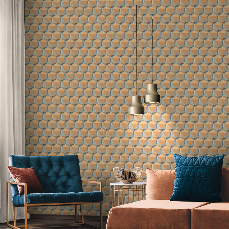 media image for Geometric Motif Wallpaper in Blue/Orange 294