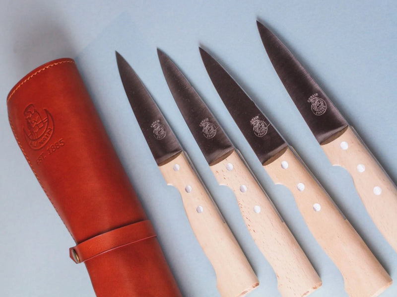 media image for au nain boucher set of 4 beech wood steak knives with leather pouch 4 257