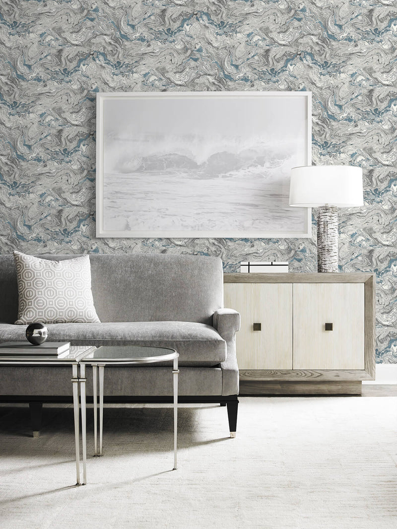 media image for Faux Marble Peel-and-Stick Wallpaper in Lunar Rock and Cerulean from the Luxe Haven Collection by Lillian August 211