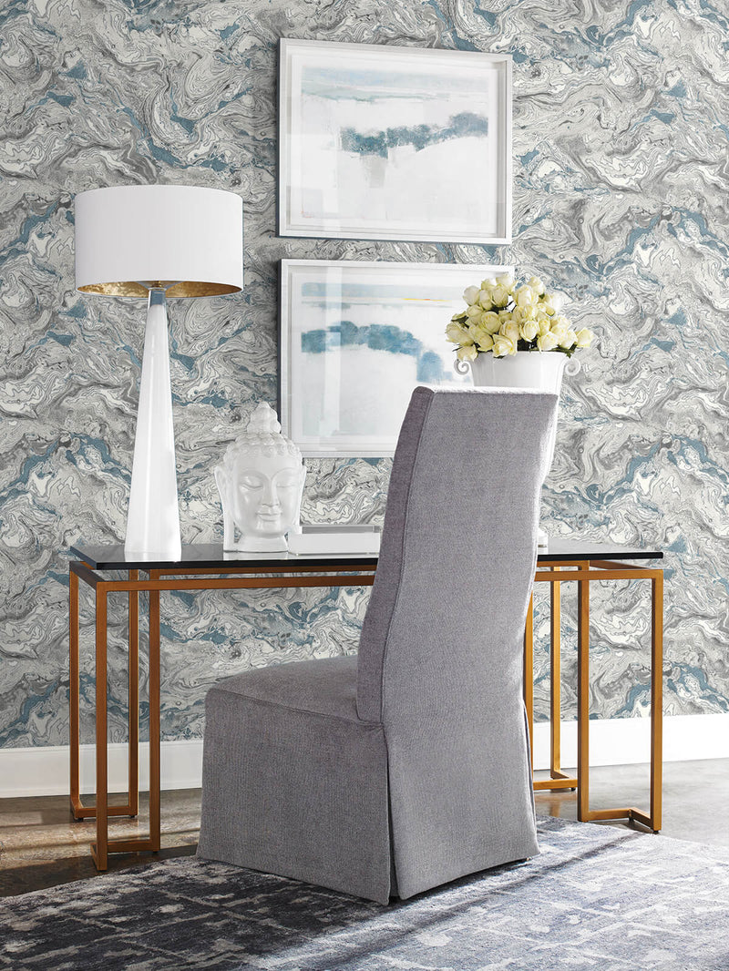 media image for Faux Marble Peel-and-Stick Wallpaper in Lunar Rock and Cerulean from the Luxe Haven Collection by Lillian August 259
