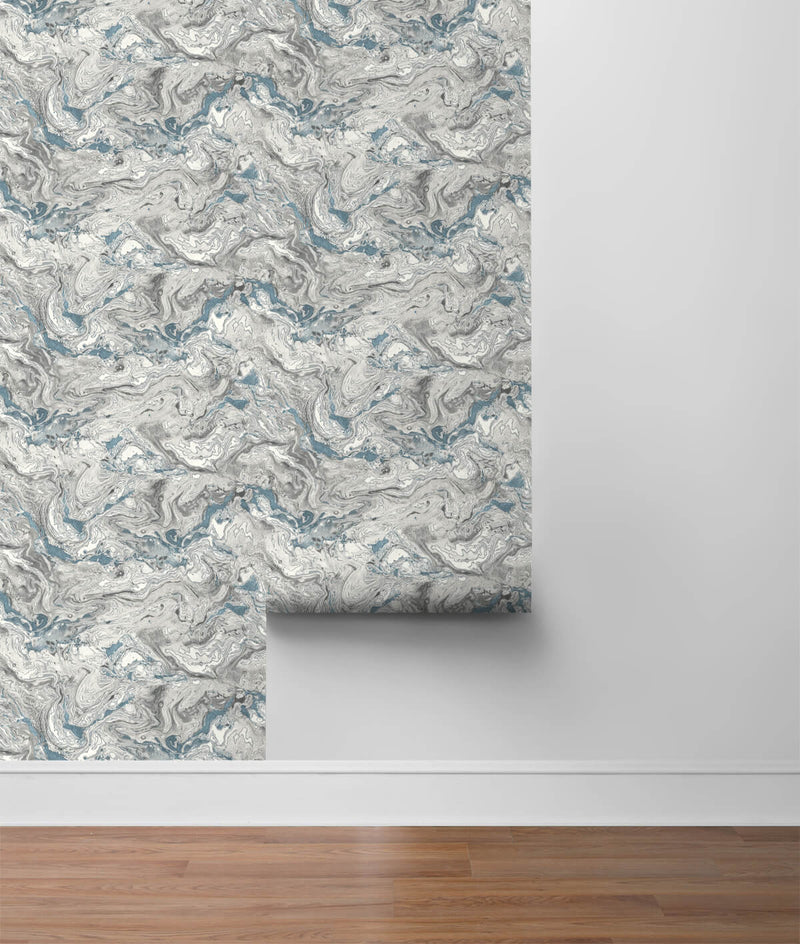 media image for Faux Marble Peel-and-Stick Wallpaper in Lunar Rock and Cerulean from the Luxe Haven Collection by Lillian August 282