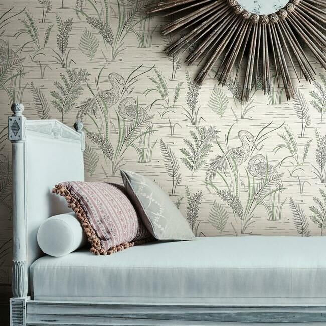 media image for Fernwater Cranes Wallpaper in Black and Green from the Grandmillennial Collection by York Wallcoverings 257