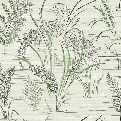 product image of sample fernwater cranes wallpaper in black and green from the grandmillennial collection by york wallcoverings 1 529