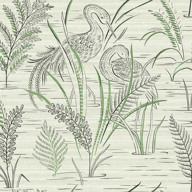 media image for sample fernwater cranes wallpaper in black and green from the grandmillennial collection by york wallcoverings 1 294