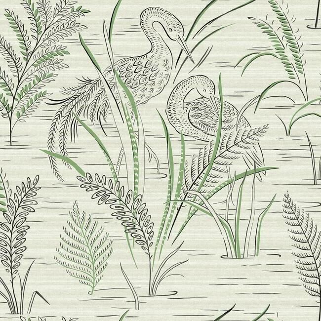 media image for sample fernwater cranes wallpaper in black and green from the grandmillennial collection by york wallcoverings 1 22