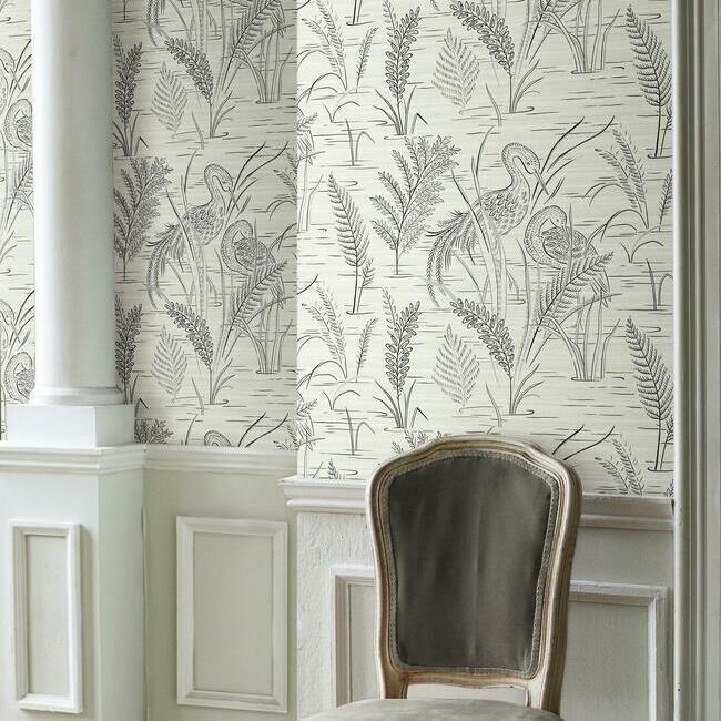 media image for Fernwater Cranes Wallpaper in Black and Grey from the Grandmillennial Collection by York Wallcoverings 274