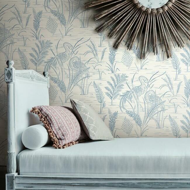 media image for Fernwater Cranes Wallpaper in Blue from the Grandmillennial Collection by York Wallcoverings 220