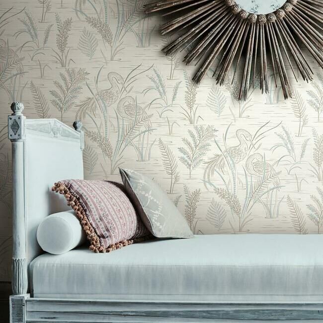 media image for Fernwater Cranes Wallpaper in Brown and Blue from the Grandmillennial Collection by York Wallcoverings 261