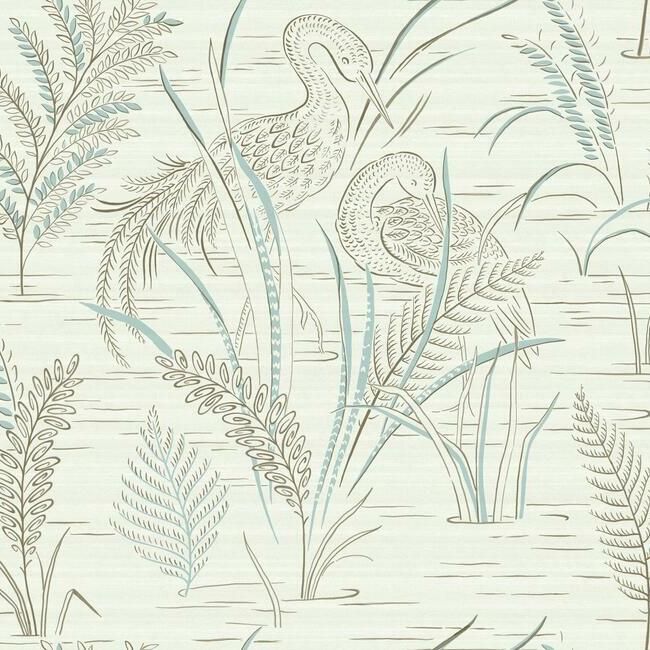 media image for Fernwater Cranes Wallpaper in Brown and Blue from the Grandmillennial Collection by York Wallcoverings 265