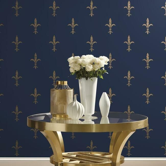 media image for Fleur De Lis Wallpaper in Navy and Gold from the Ronald Redding 24 Karat Collection by York Wallcoverings 237