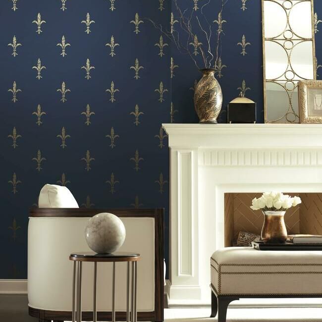 media image for Fleur De Lis Wallpaper in Navy and Gold from the Ronald Redding 24 Karat Collection by York Wallcoverings 272