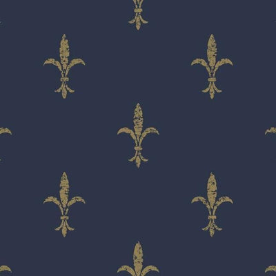 product image of sample fleur de lis wallpaper in navy and gold from the ronald redding 24 karat collection by york wallcoverings 1 563