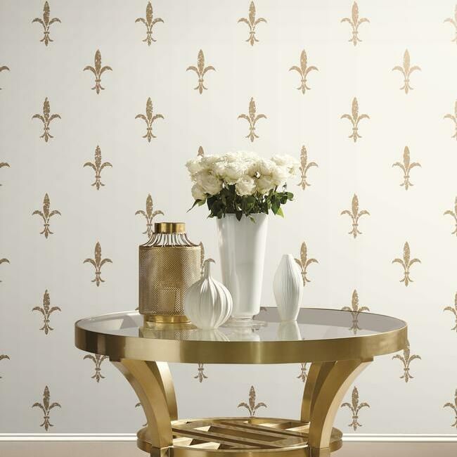 media image for Fleur De Lis Wallpaper in White and Gold from the Ronald Redding 24 Karat Collection by York Wallcoverings 241