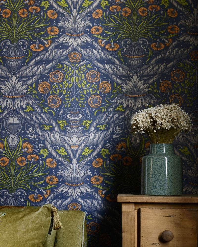 media image for Floral Ornament Wallpaper in Blue Multi from the Wallpaper Compendium Collection by Mind the Gap 243