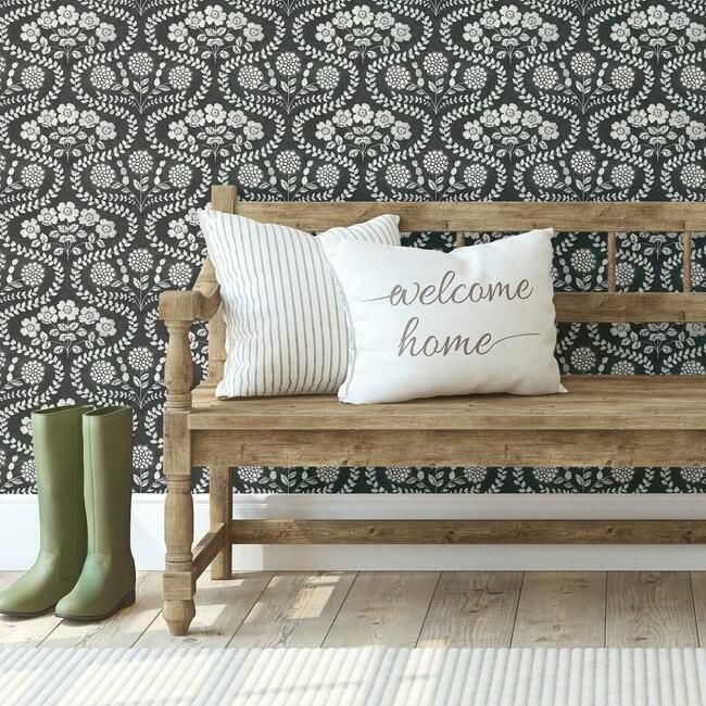 media image for Folksy Floral Wallpaper in Black and White from the Simply Farmhouse Collection by York Wallcoverings 261