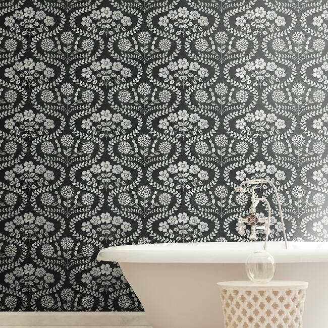 media image for Folksy Floral Wallpaper in Black and White from the Simply Farmhouse Collection by York Wallcoverings 244