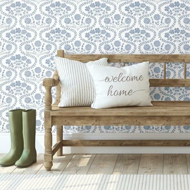 media image for Folksy Floral Wallpaper in Blue and White from the Simply Farmhouse Collection by York Wallcoverings 243