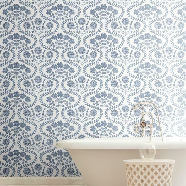 media image for Folksy Floral Wallpaper in Blue and White from the Simply Farmhouse Collection by York Wallcoverings 263