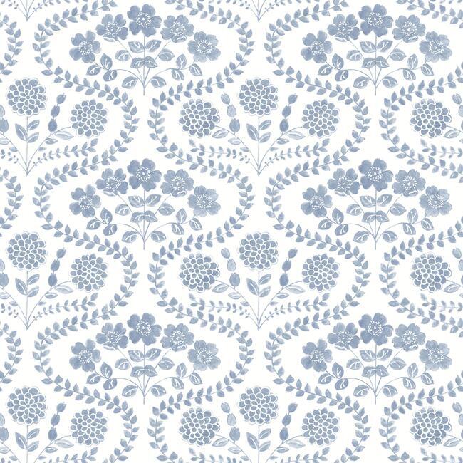 media image for Folksy Floral Wallpaper in Blue and White from the Simply Farmhouse Collection by York Wallcoverings 275
