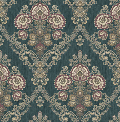 product image of sample framed imperial bouquet wallpaper in deep teal from the caspia collection by wallquest 1 579