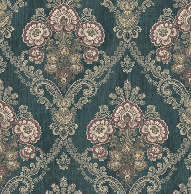 media image for sample framed imperial bouquet wallpaper in deep teal from the caspia collection by wallquest 1 217