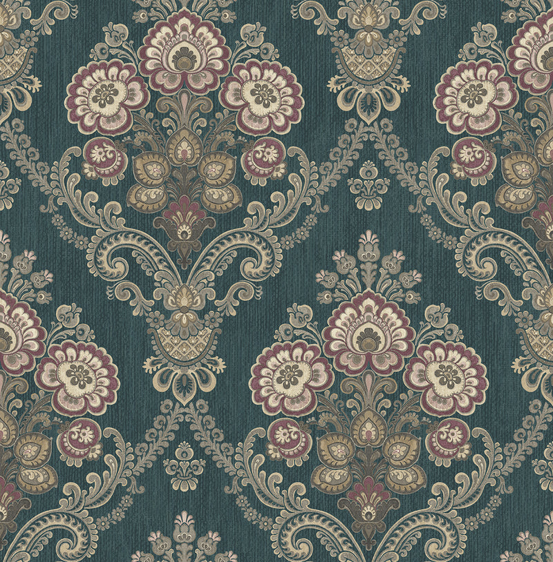 media image for Framed Imperial Bouquet Wallpaper in Deep Teal from the Caspia Collection by Wallquest 214