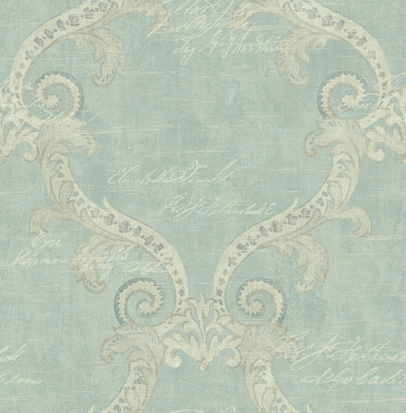 media image for sample framed writing wallpaper in antique blue from the nouveau collection by wallquest 1 260