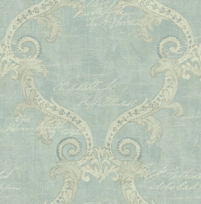 product image of Framed Writing Wallpaper in Antique Blue from the Nouveau Collection by Wallquest 544