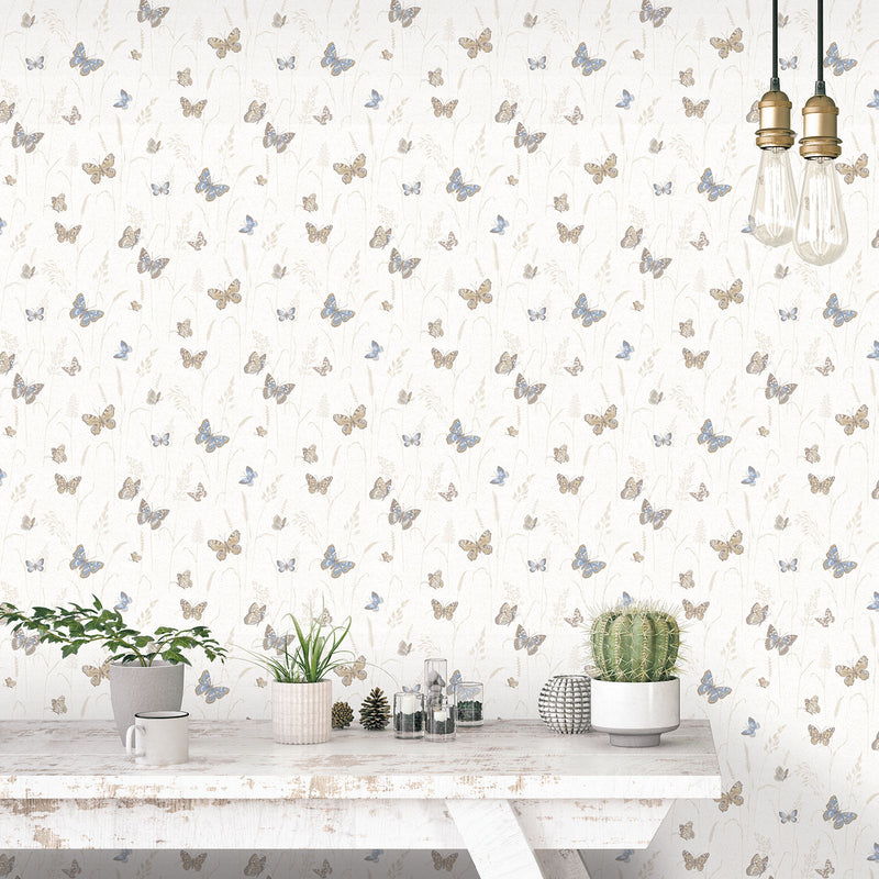 media image for Meadow Butterfly Beige/Blue Wallpaper from the Kitchen Recipes Collection by Galerie Wallcoverings 254