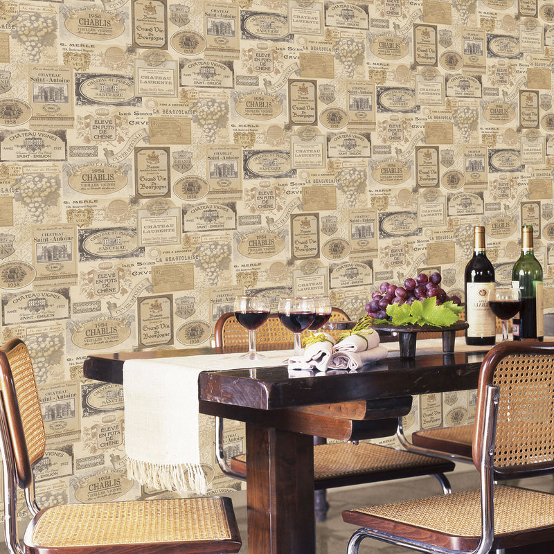 media image for Wine Labels Beige/Grey Wallpaper from the Kitchen Recipes Collection by Galerie Wallcoverings 236