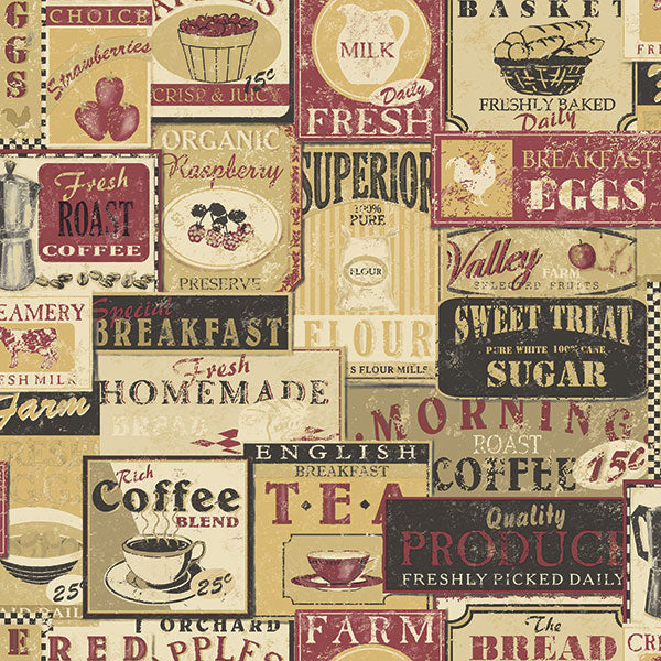 media image for sample tea and coffee labels beige red wallpaper from the kitchen recipes collection by galerie wallcoverings 1 281