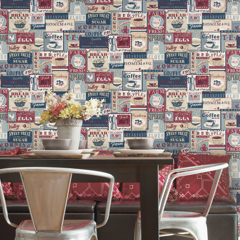 media image for Tea & Coffee Labels Multicolor Wallpaper from the Kitchen Recipes Collection by Galerie Wallcoverings 24