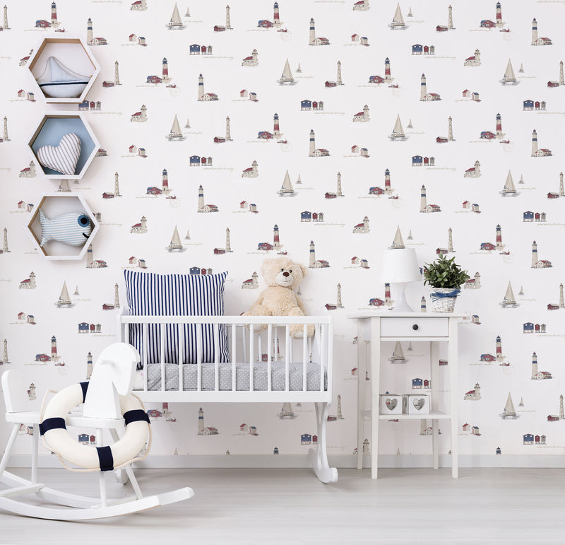 media image for Beach Huts White Wallpaper from the Deauville 2 Collection by Galerie Wallcoverings 214