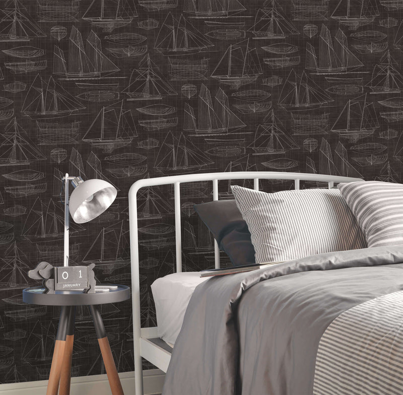 media image for Nautical Blueprint Black Wallpaper from the Deauville 2 Collection by Galerie Wallcoverings 235