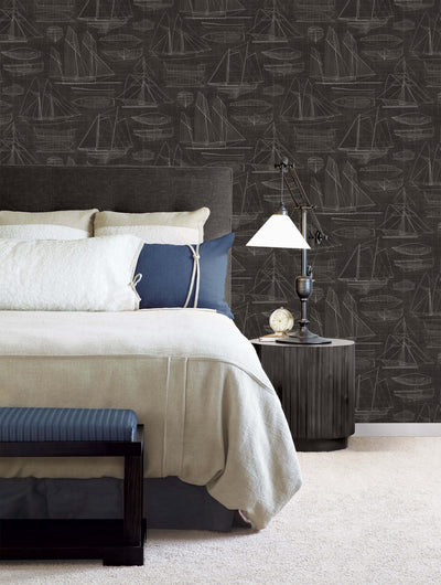 product image for Nautical Blueprint Black Wallpaper from the Deauville 2 Collection by Galerie Wallcoverings 48