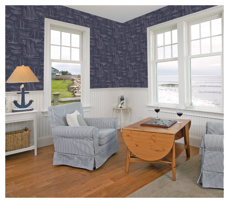 media image for Nautical Blueprint Navy Wallpaper from the Deauville 2 Collection by Galerie Wallcoverings 266