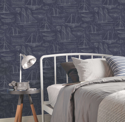 product image for Nautical Blueprint Navy Wallpaper from the Deauville 2 Collection by Galerie Wallcoverings 95