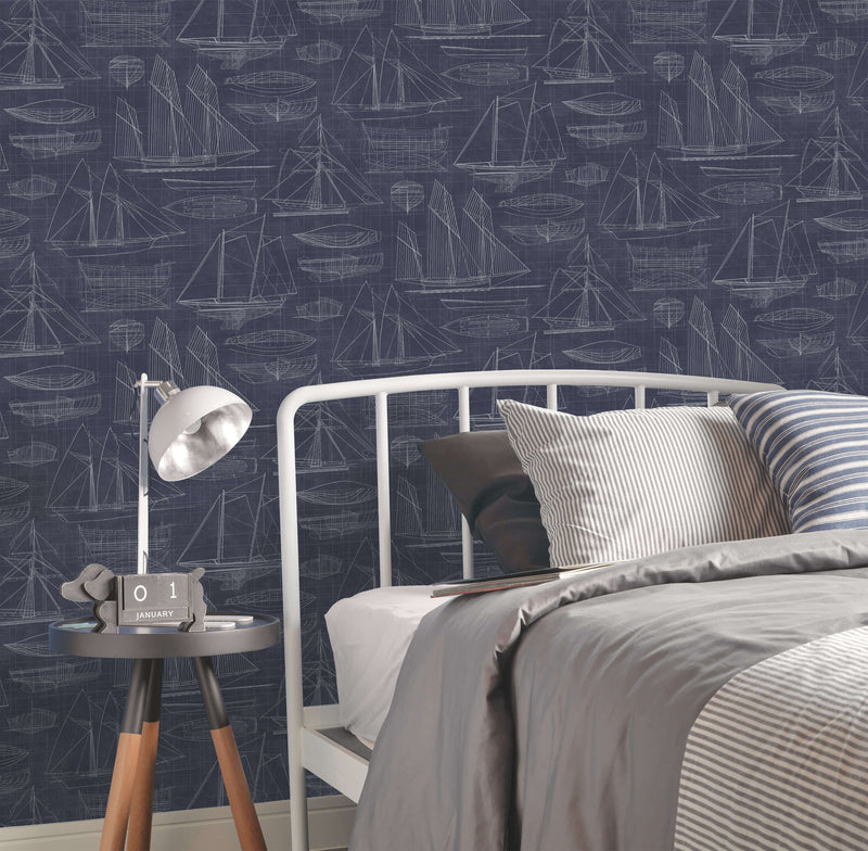 media image for Nautical Blueprint Navy Wallpaper from the Deauville 2 Collection by Galerie Wallcoverings 240