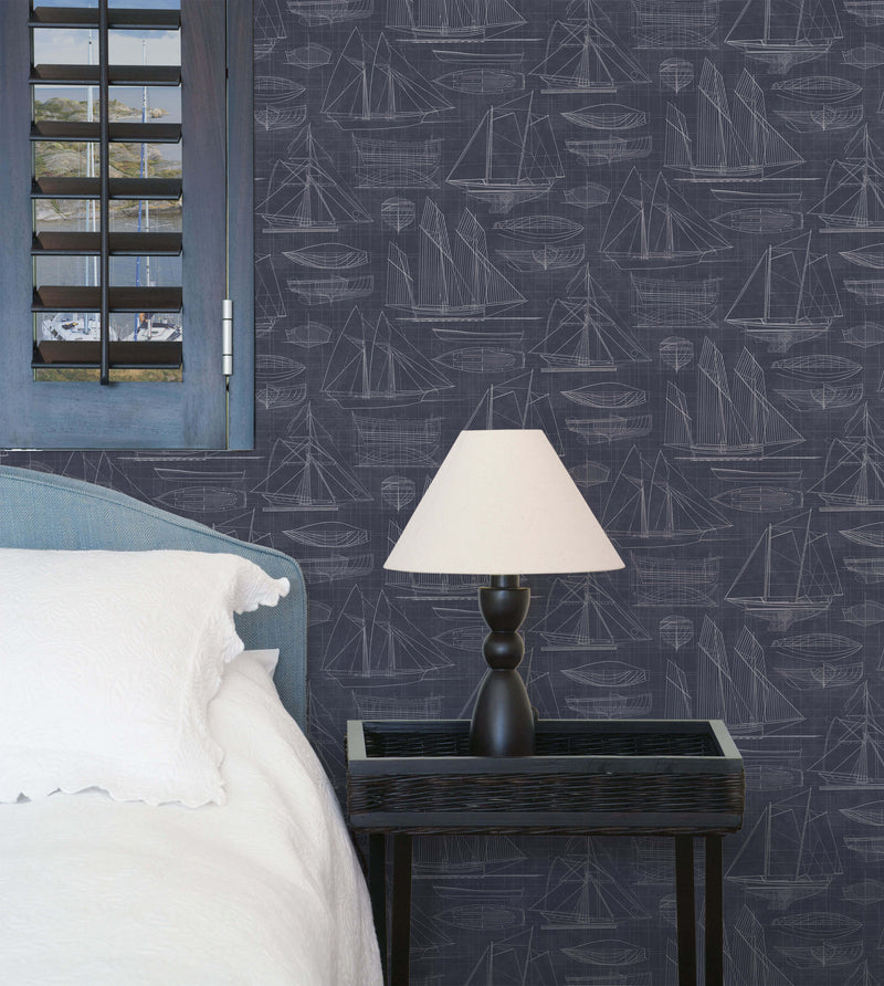 media image for Nautical Blueprint Navy Wallpaper from the Deauville 2 Collection by Galerie Wallcoverings 290