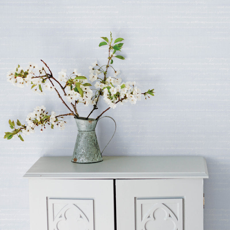 media image for Faded Calligraphy Chalky Blue Wallpaper from the Vintage Roses Collection by Galerie Wallcoverings 241