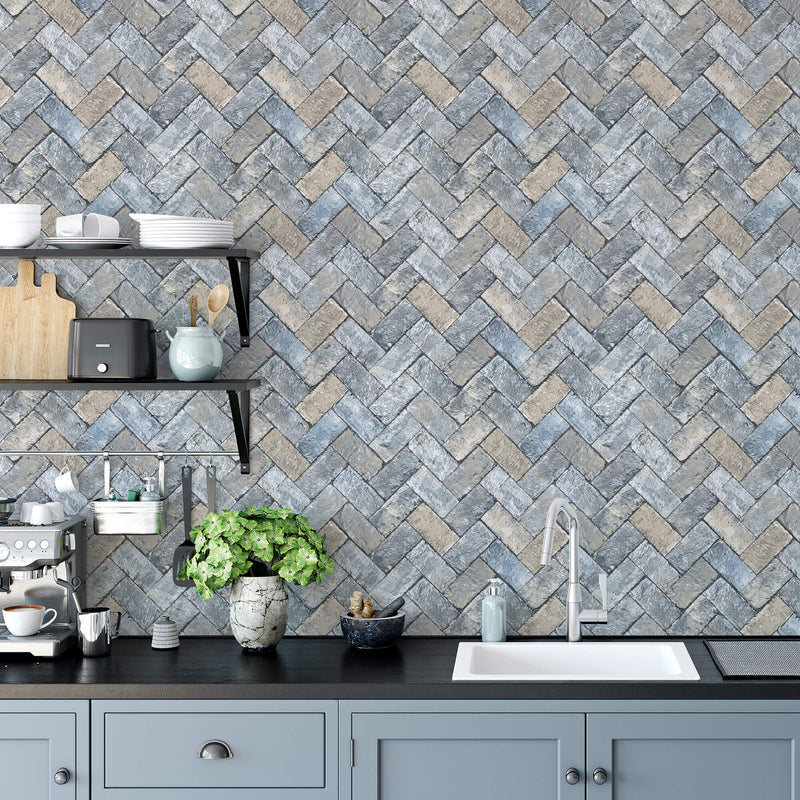 media image for Herringbone Brick Blues/Taupe Wallpaper from the Just Kitchens Collection by Galerie Wallcoverings 237