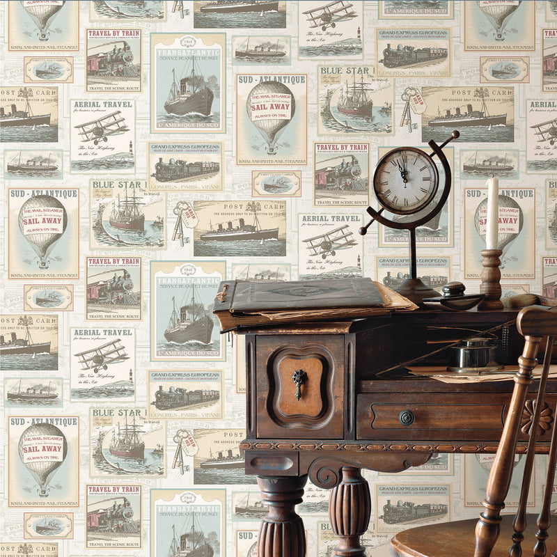 media image for Travel Beige/Blue Wallpaper from the Nostalgie Collection by Galerie Wallcoverings 274