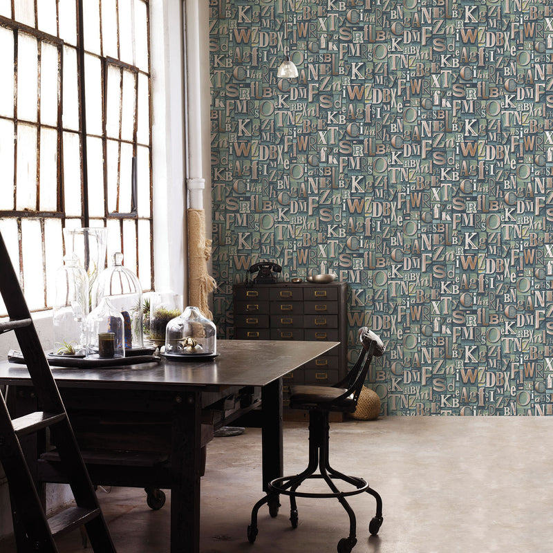media image for Block Letters Green Wallpaper from the Nostalgie Collection by Galerie Wallcoverings 235