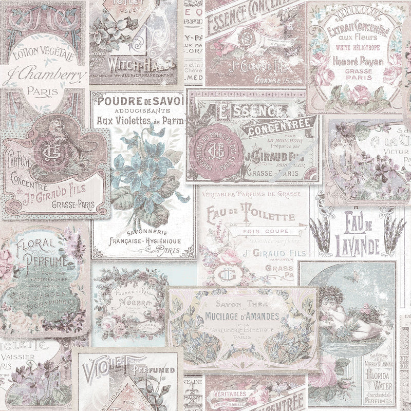 media image for Perfume Labels Pink Wallpaper from the Nostalgie Collection by Galerie Wallcoverings 283