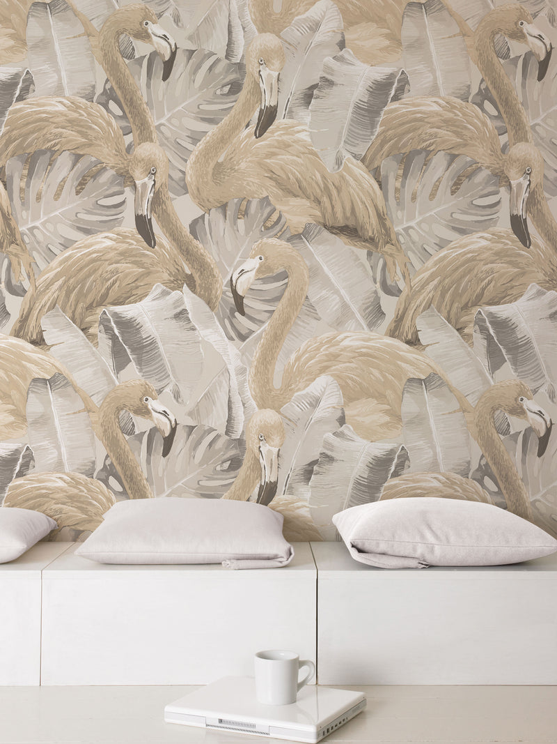 media image for Flamingos Beige Wallpaper from the Global Fusion Collection by Galerie Wallcoverings 244