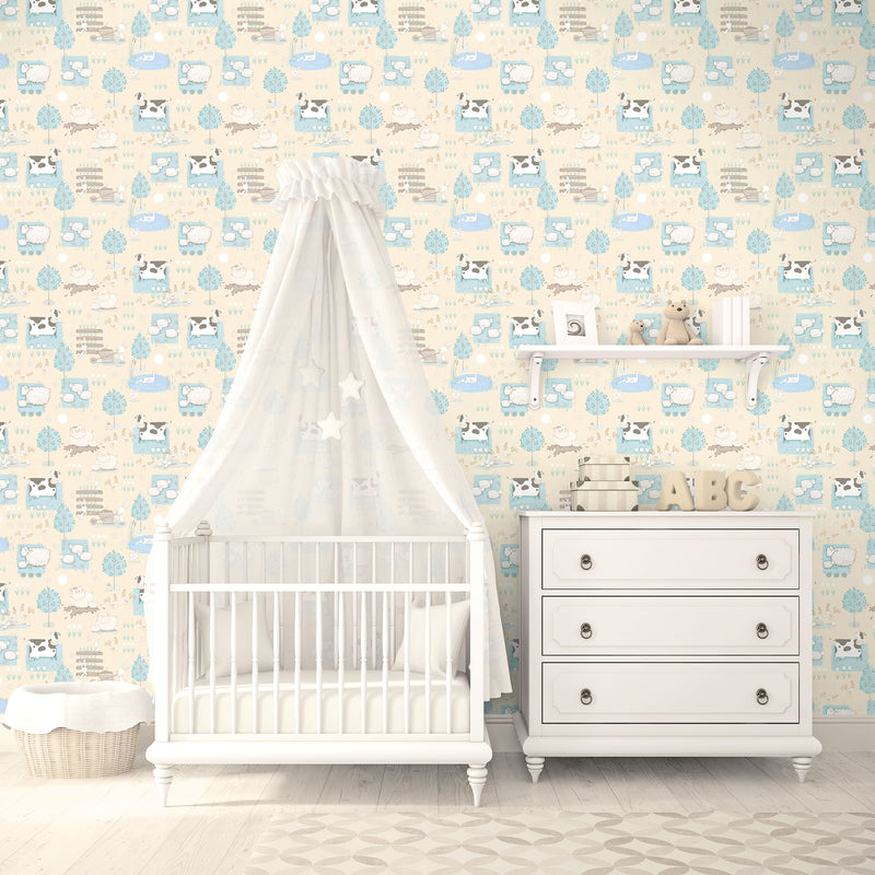 media image for Farmland Beige/Turquoise Wallpaper from the Tiny Tots 2 Collection by Galerie Wallcoverings 24